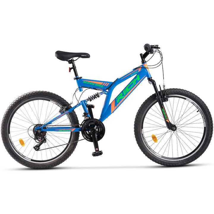 Reducere  RESIGILAT: Bicicleta MTB-FS Rich Alpin R2449A 24″, revoshift 7 viteze, frane V-brake, verde/albastru/portocaliu