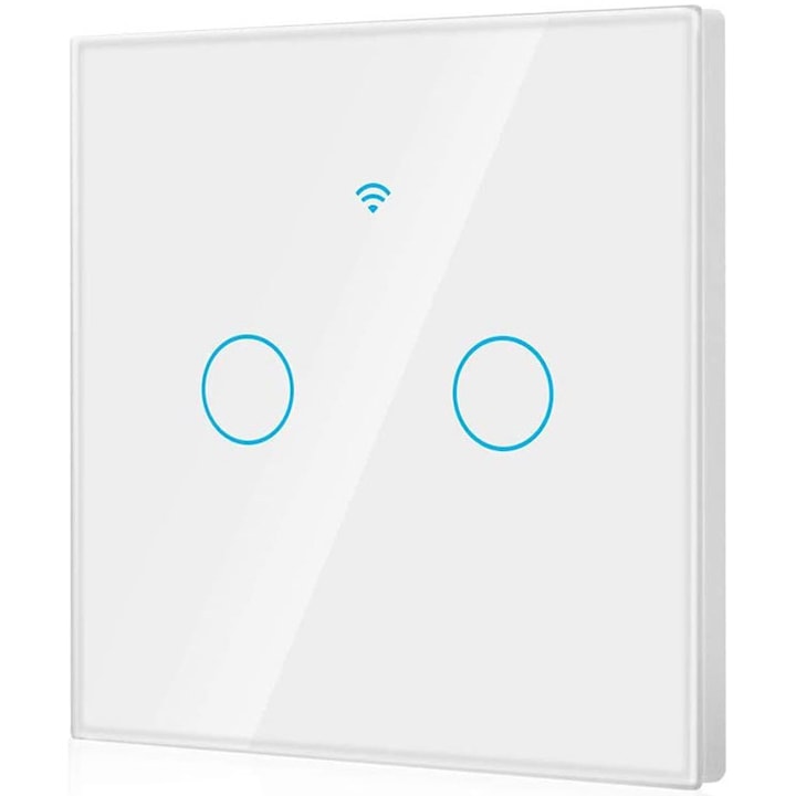 Reducere  RESIGILAT: Intrerupator inteligent cu touch Rovo FN2C, Wi-Fi, fara nul, 2 canale, 10A, RF 433MHz, sticla securizata, Tuya, Life Smart, compatibil Amaxon Alexa/Google Assistant, Alb