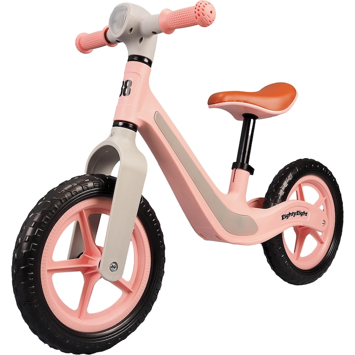 Reducere  RESIGILAT: Bicicleta fara pedale EightyEight cu lumini si muzica Toddler, roti spuma EVA, 12 inch, roz deschis