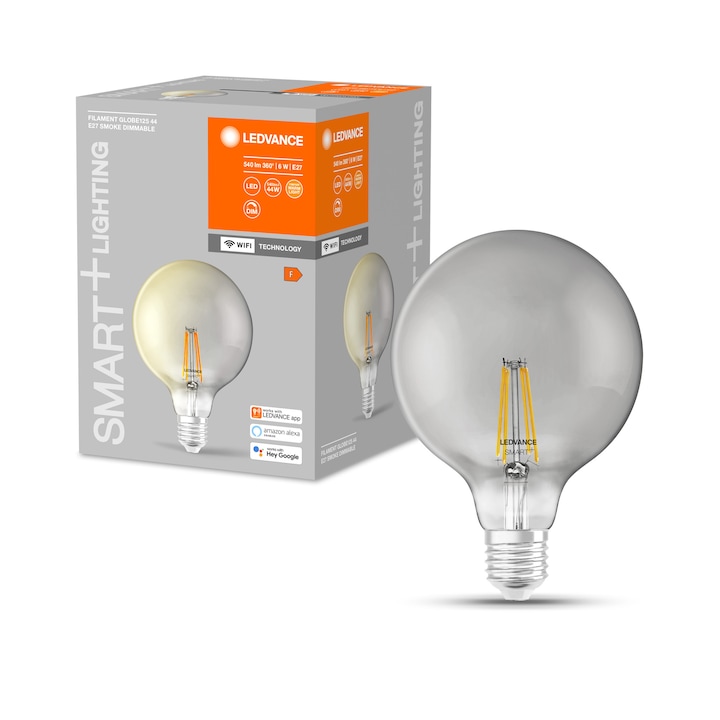 Reducere  RESIGILAT: Bec LED inteligent vintage (decorativ) Ledvance Smart, Wi-Fi, filament, Smoke Globe, dimabil, E27, 6W (48W), 540 lm, lumina calda (2500K), compatibil Amazon Alexa/Google Assistant, clasa energetica F