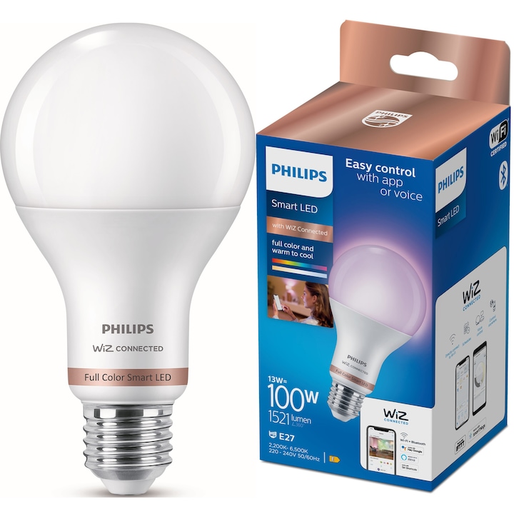 Reducere  RESIGILAT: Bec LED RGB inteligent Philips Smart A67, Wi-Fi, Bluetooth, E27, 13W (100W), 1521 lm, lumina alba si colorata (2200-6500K), clasa energetica E