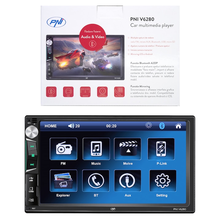 Reducere  RESIGILAT: Multimedia player auto PNI V6280 cu touchscreen, functie Bluetooth, functie Mirror Link Android/iOS USB, slot micro SD, intrare AUX, 2 DIN, intrare camera marsarier