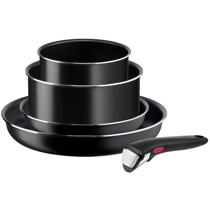 Reducere  RESIGILAT: Set 5 piese TEFAL Ingenio Easy Cook & Clean L1539543, maner detasabil, invelis antiaderent Titan, indicator termic Thermo Signal, negru