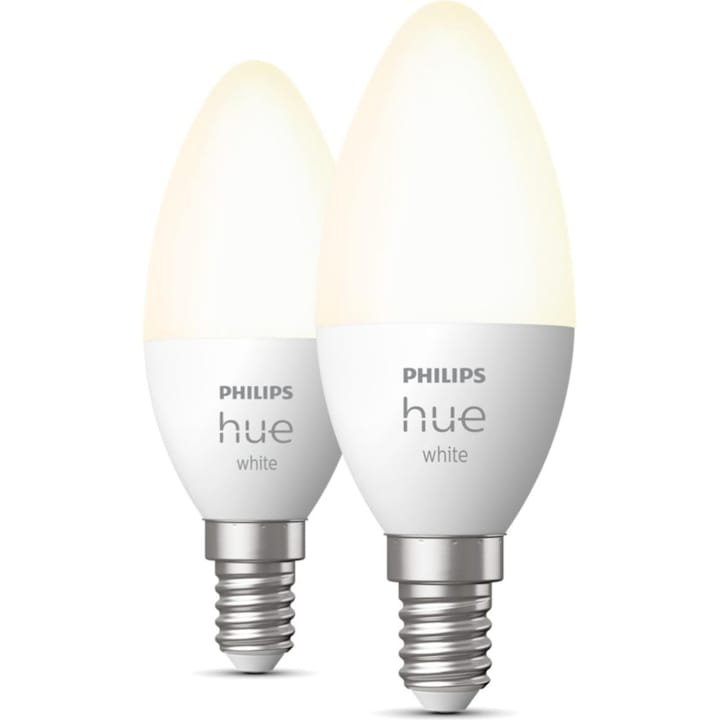 Reducere  RESIGILAT: Pachet 2 becuri LED inteligente Philips Hue, Bluetooth, Zigbee, lumanare, E14, 5.5W, 470 lm, lumina alba calda (2700K), clasa energetica F