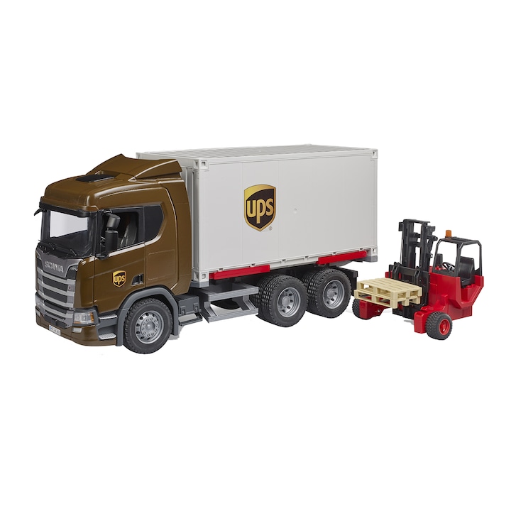 Reducere  RESIGILAT: Camion Bruder – UPS Scania Super 560R si stivuitor, 1:16