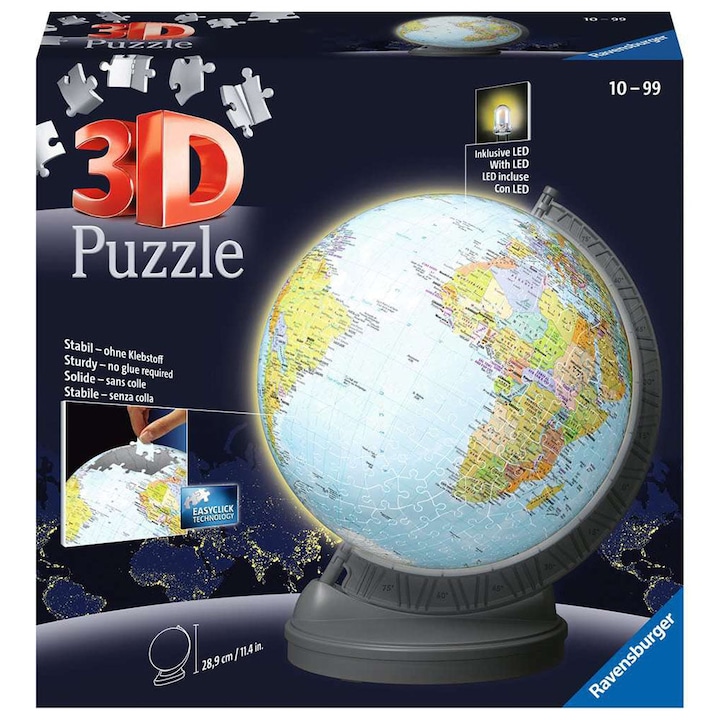 Reducere  RESIGILAT: Puzzle Ravensburger 3D – Globul pamantesc, cu led, 540 piese