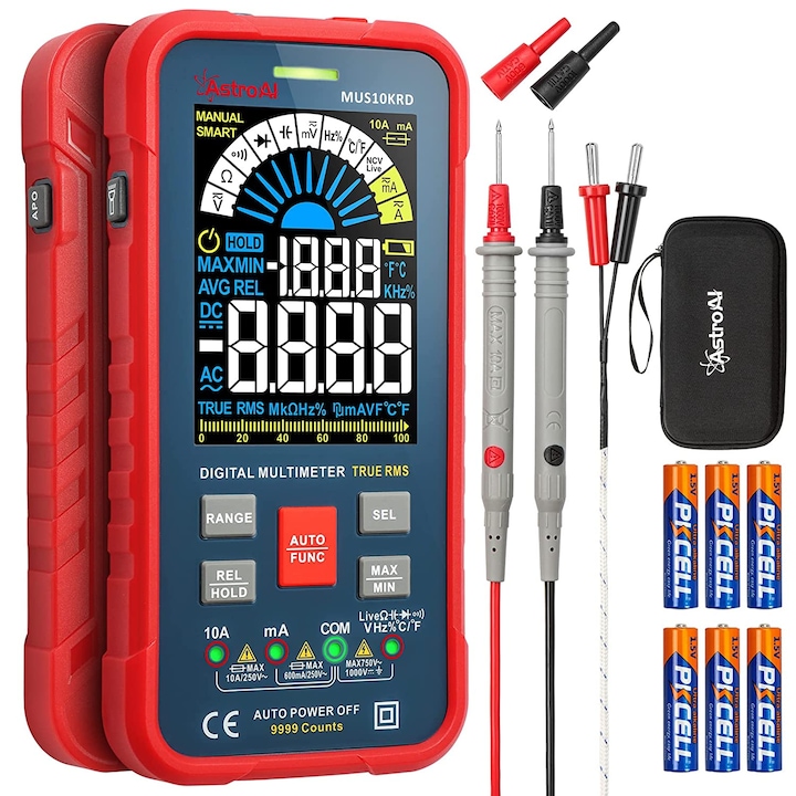 Reducere  RESIGILAT: Multimetru digital AstroAI MUS10KRD, 10000 Counts, Smart Auto, TRMS Auto-Ranging, Display Color, Masurare continuitate, Temperatura, Geanta transport