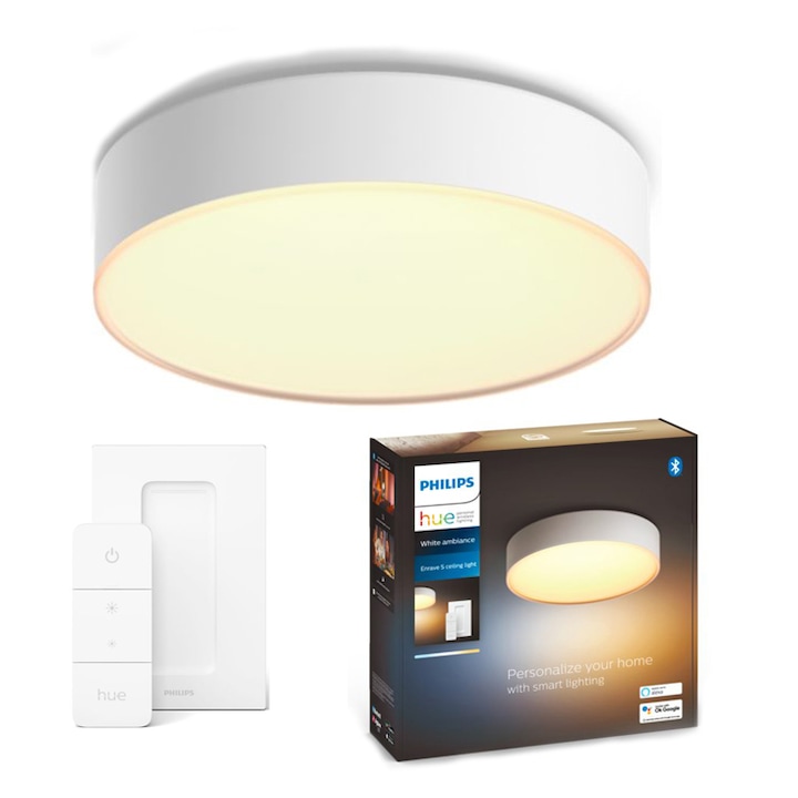 Reducere  RESIGILAT: Plafoniera LED inteligenta Philips Hue Enrave, Bluetooth, 9.6W, 1220 lm, lumina ambianta alba (2200-6500K), 26.1 cm, Alb, Intrerupator cu variator inclus, clasa energetica F