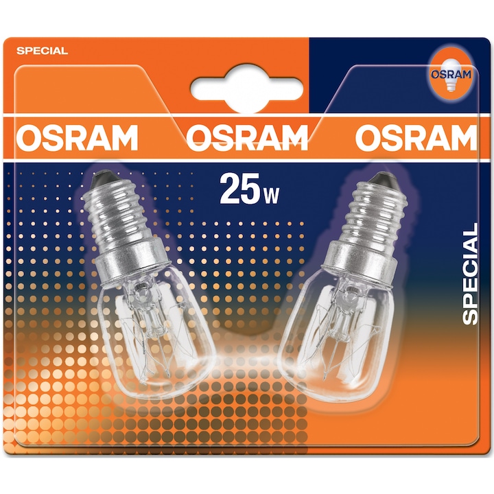 Reducere  RESIGILAT: Pachet 2 becuri pentru cuptor Osram T26, E14, 25W, glob clar, incandescent, 230V, clasa energetica G