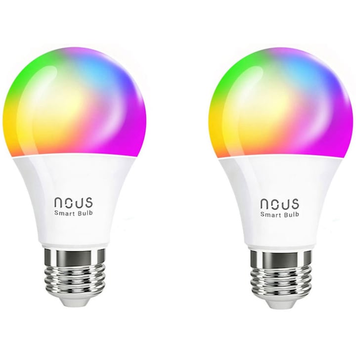 Reducere  RESIGILAT: Pachet 2 becuri LED RGB inteligente Nous P3, Wi-Fi, E27, 9W, 810 lm, control vocal, lumina alba si color (2700-6500K) , clasa energetica F