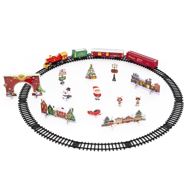 Reducere  RESIGILAT: Circuit tren electric Mappy Classic Train, metalic, cu accesorii, lumini, sunete si abur, 22 piese, rosu / verde