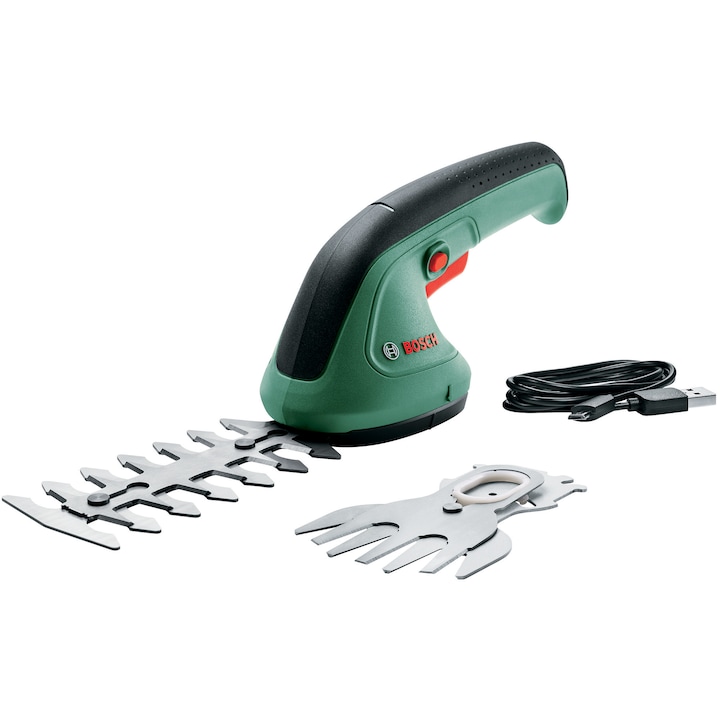 Reducere  RESIGILAT: Foarfeca de taiat iarba/arbusti pe acumulator Bosch EasyShear,3.6 V,lama iarba 100 mm,lama arbusti 120 mm,include acumulator 3.6 V 1.5 Ah + incarcator