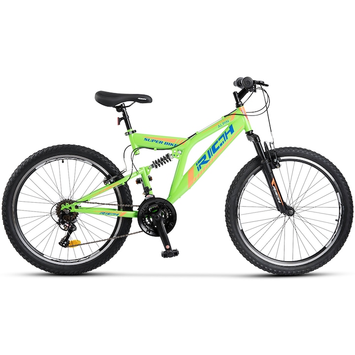 Reducere  RESIGILAT: Bicicleta MTB-FS Rich Alpin R2449A 24″, revoshift 7 viteze, frane V-brake, albastru/verde/portocaliu