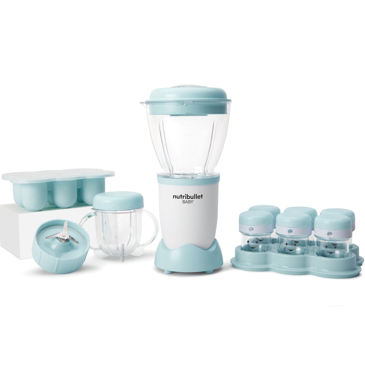 Reducere  RESIGILAT: Blender Nutribullet Baby 200 W 0C22300026, 1 viteza, vas 0.9l, cupa mica 0.295l, 6 recipiente depozitare cu capac, tava silicon, Alb