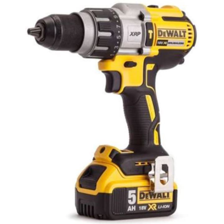 Reducere  RESIGILAT: Masina de gaurit si insurubat (bormasina) pe acumulator cu percutie Dewalt DCD996P2-QW, 18 V, motor fara perii, 2000 RPM, 38.250 percutii/min, clema prindere, suport magnetic biti, maner lateral, valiza porfesionala, 2 acumulatori 5 Ah, incarcator