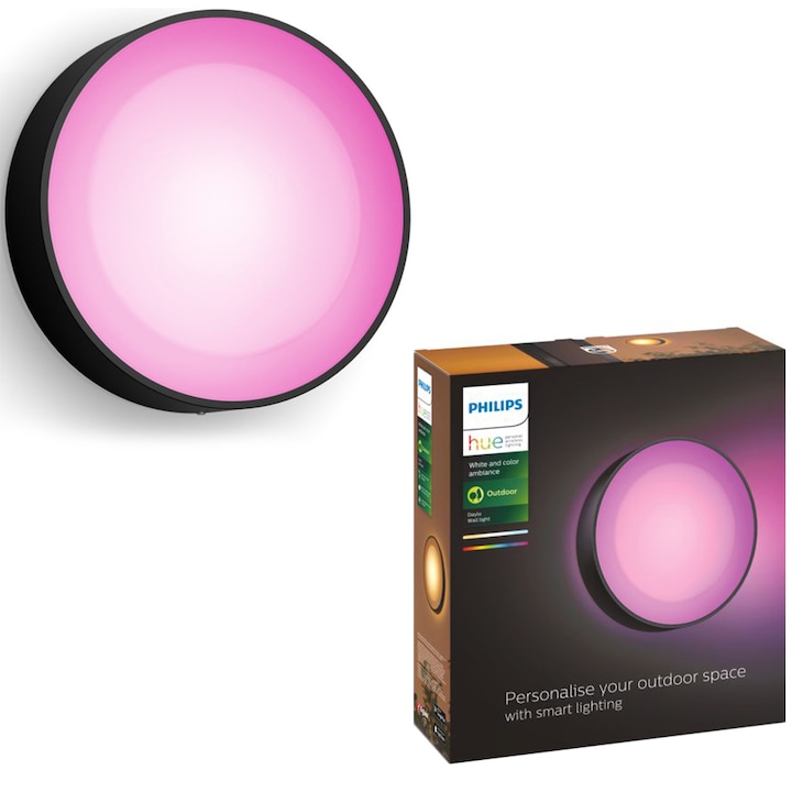 Reducere  RESIGILAT: Aplica LED pentru exterior Philips Hue Daylo, 15W, lumina alba si colorata (2000-6500K), IP44, 22cm, Metal, Negru, clasa energetica G