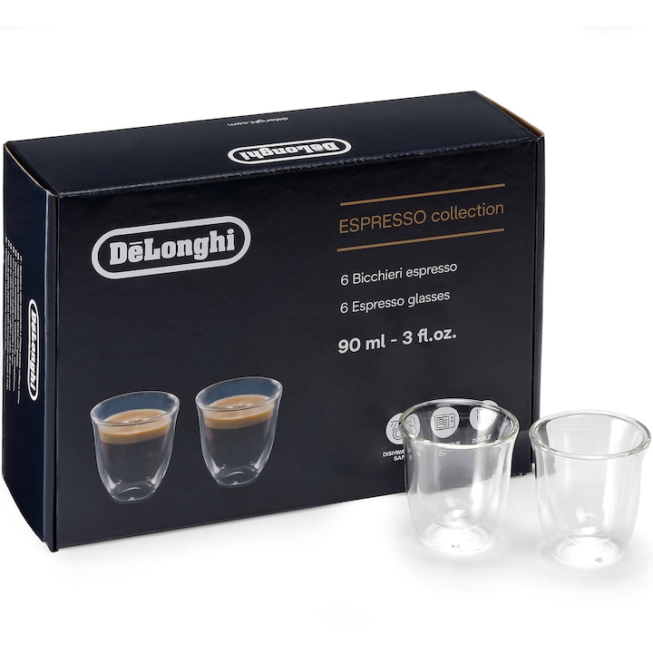 Reducere  RESIGILAT: Set 6 pahare espresso De’Longhi Essential Collection, 6x90ml, Sticla termorezistenta, Transparente, Perete dublu