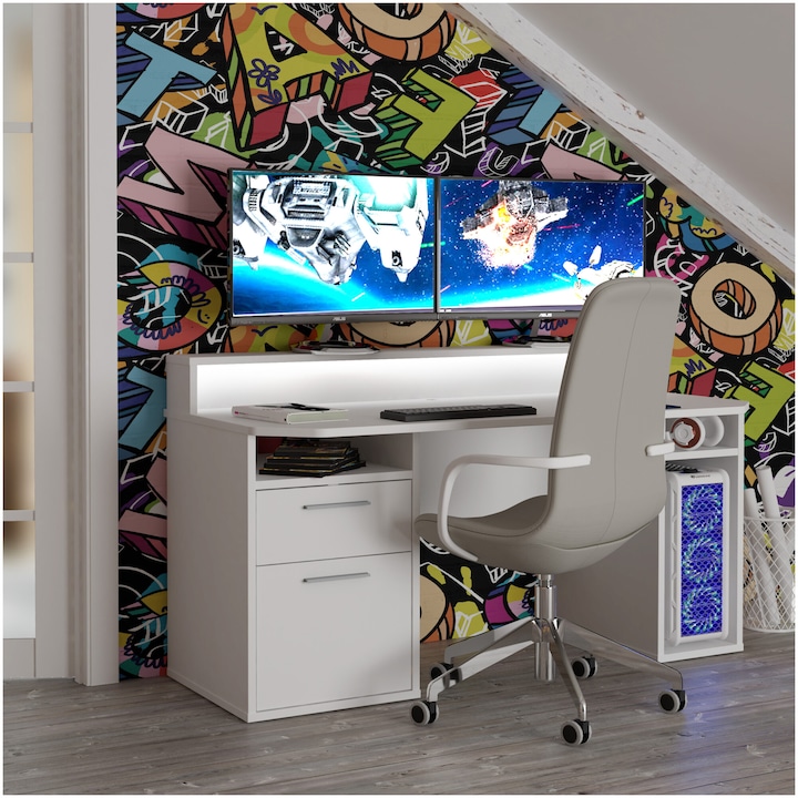 Reducere  RESIGILAT: Birou Kring Gaming, 160x91x72 cm, culoare alb, 2 sertare, include LED