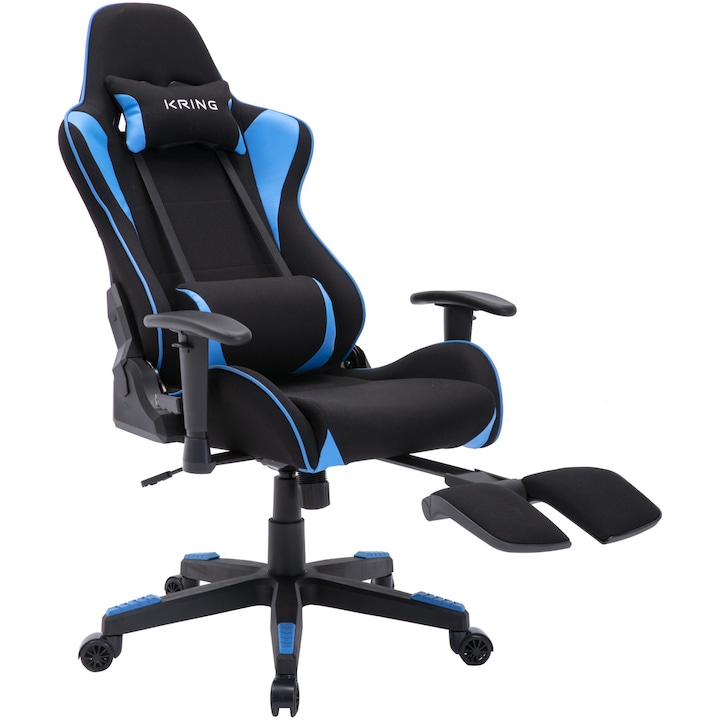 Reducere  RESIGILAT: Scaun gaming Kring Rush, cu suport lombar si suport pentru picioare, material textil, Negru/Albastru