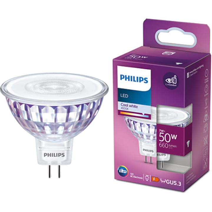 Reducere  RESIGILAT: Bec LED spot Philips, GU5.3, 7W (50W), 660 lm, lumina alba rece (400K), clasa energetica F