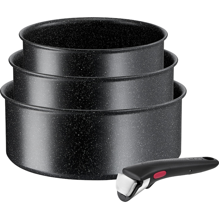 Reducere  RESIGILAT: Set 4 piese Tefal Ingenio Black Stone, inductie, cratita 16/18/24 cm, maner detasabil, invelis antiaderent Mineralia+, indicator temperatura Thermo-Signal, negru