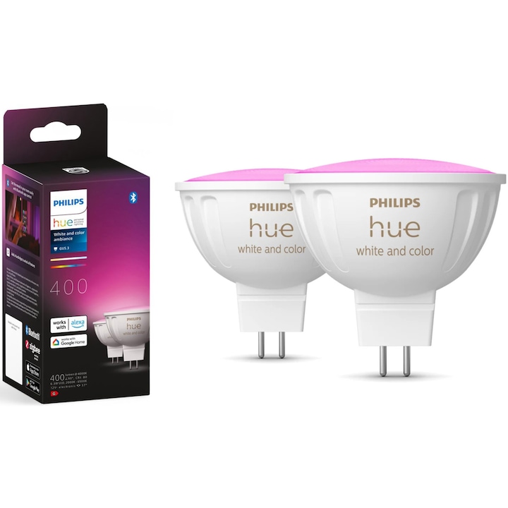 Reducere  RESIGILAT: Set 2 becuri LED RGB inteligente Philips Hue MR16, Bluetooth/Zigbee, tip spot, GU5.3, 12V, 6.3W, 400 lm, lumina alba si colorata (2000-6500K), clasa energetica G