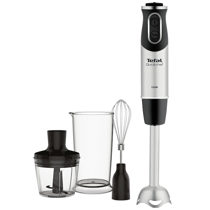 Reducere  RESIGILAT: Mixer vertical Tefal Quickchef HB656838, 1000W, protectie antistropire, 20 de viteze, picior inox, tocator 0.5 L, tel, pahar gradat 0.8 L, Negru/Inox