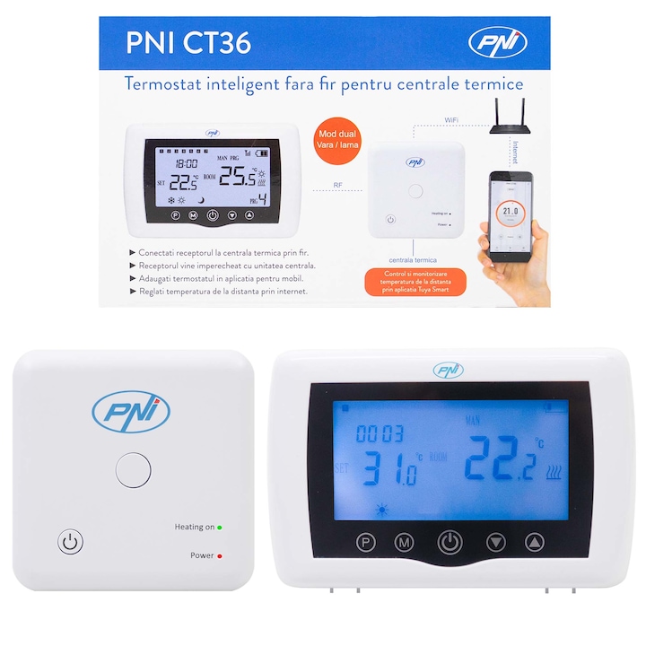 Reducere  RESIGILAT: Termostat inteligent PNI CT36, WiFi, Histerezis 0.2 grade C, Control centrala termica, Programare control temperatura, Display, Alb