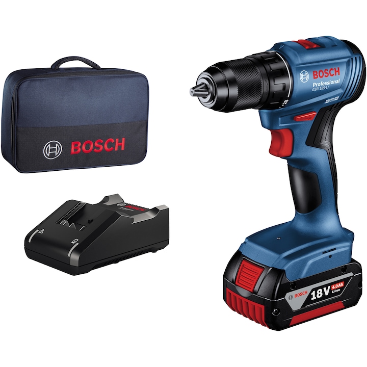 Reducere  RESIGILAT: Masina de gaurit si insurubat (bormasina) pe acumulator Bosch Professional GSR 185-LI, 18 V, 54/21 Nm, 1900 RPM, acumulator 4 Ah, incarcator, geanta textil