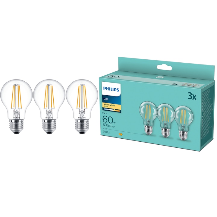 Reducere  RESIGILAT: Pachet 3 becuri LED filament Philips, A60, E27, 7W (60W), 806 lm, lumina alba calda (2700K), clasa energetica E