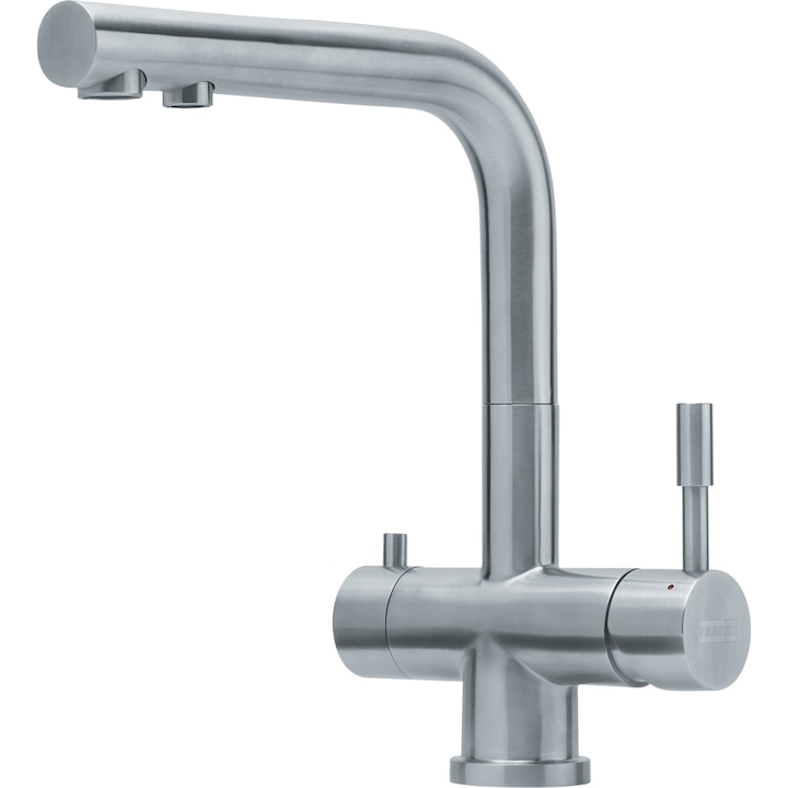 Reducere  RESIGILAT: Baterie bucatarie Franke Atlas Clear, pentru apa filtrata, rece si calda, 3 cai, cartus ceramic, aerator, Inox