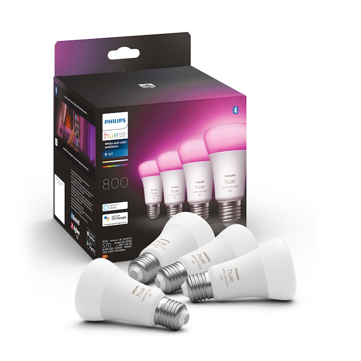 Reducere  RESIGILAT: Pachet 4 becuri LED RGB inteligente Philips Hue, Bluetooth, Zigbee, A60, E27, 6.5W (60W), 806 lm, lumina alba si colorata, clasa energetica F