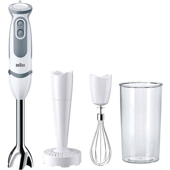 Reducere  RESIGILAT: Mixer vertical Braun MQ5207WH, 1000 W, Pahar gradat 0.6 l, Accesoriu piure, Tel, 21 trepte viteza, Alb/Gri