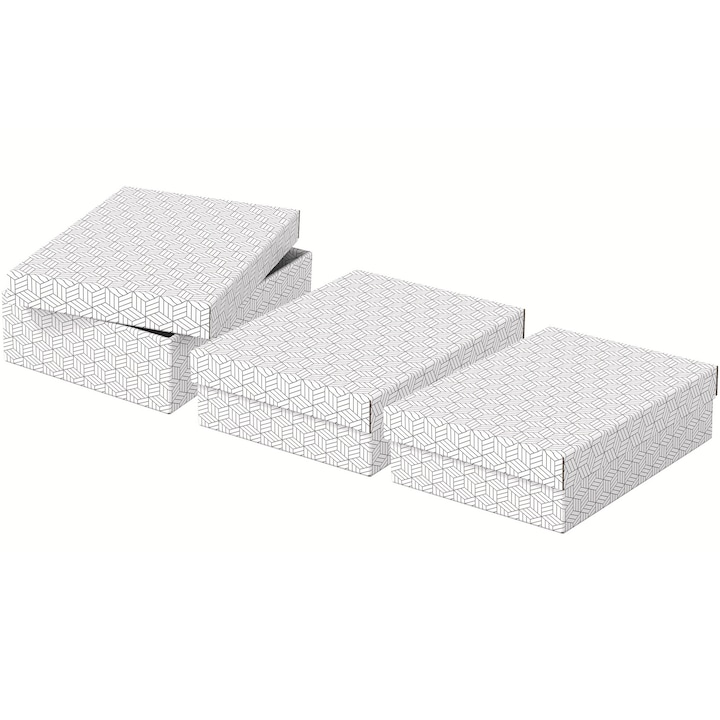 Reducere  RESIGILAT: Cutie depozitare Esselte Home Recycled, carton, 100% reciclat, certificare FSC, reciclabil, 36x26x10 cm, cu capac, 3 buc/set, alb