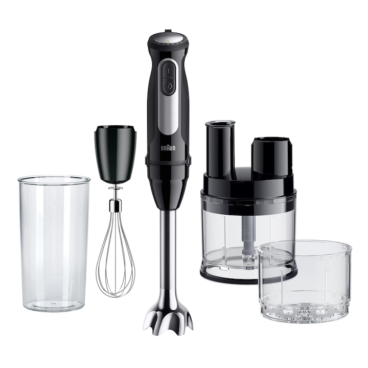 Reducere  RESIGILAT: Mixer vertical Braun MQ55755M, 1000 W, 25 trepte viteza, Functie Turbo, Tocator SizeControl 500 ml, Procesor alimente 500 ml, Pahar gradat 600 ml, Tel, Negru/Inox