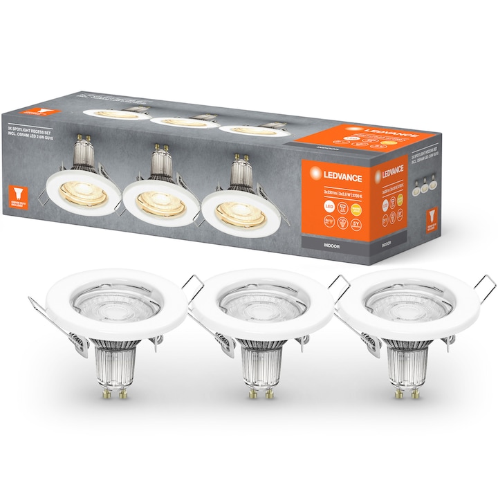 Reducere  RESIGILAT: Set 3 spoturi LED incastrate Ledvance, 3×2.6W, 3×230 lm, lumina calda (2700K), diametru 80 mm, IP20, clasa energetica F, Alb