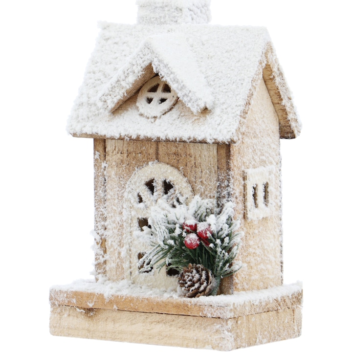 Reducere  RESIGILAT: Decoratiune Craciun casuta lemn Kring X’Mass, cu lumini, pe baterii, aspect rustic, 24 cm, frunze si conuri