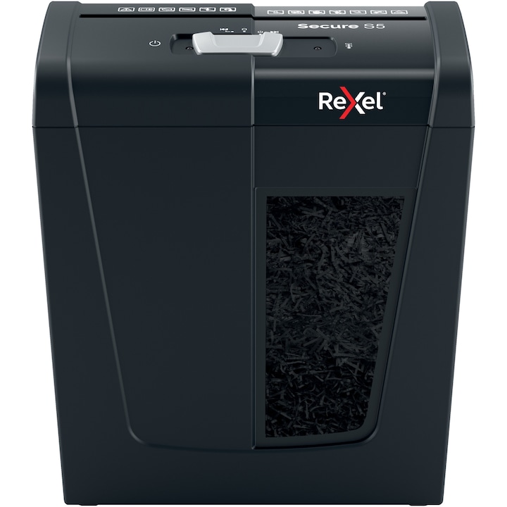 Reducere  RESIGILAT: Distrugator documente manual REXEL SECURE S5, P2, strip-cut (fasii), 5 coli, 10l, negru