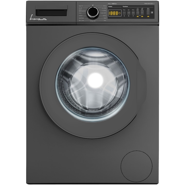 Reducere  RESIGILAT: Masina de spalat rufe Fram FWM-V814T2SD+++, 8 kg, 1400 rpm, Clasa D, Display digital, Start intarziat, Anti-Sifonare, Eco-Logic, Allergy safe, Gri