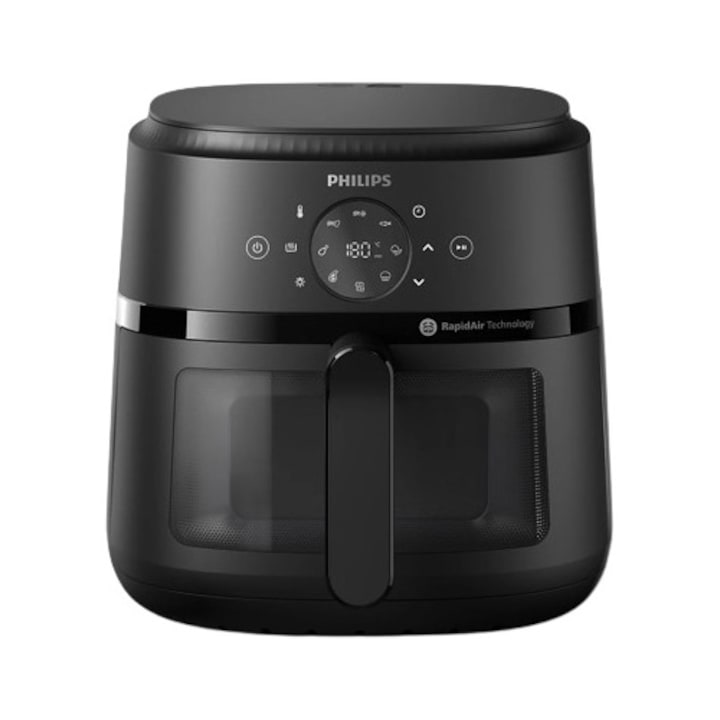 Reducere  RESIGILAT: Friteuza cu aer cald Philips Airfryer Seria 2000 NA230/00, Compact Digital, 1700 W, capacitate 6.2 l / 0,8 kg, afisaj digital, fereastra, 13-in-1 functii de gatire, 9 programe presetate, dimensiune compacta (4 portii), curatare usoara, negru