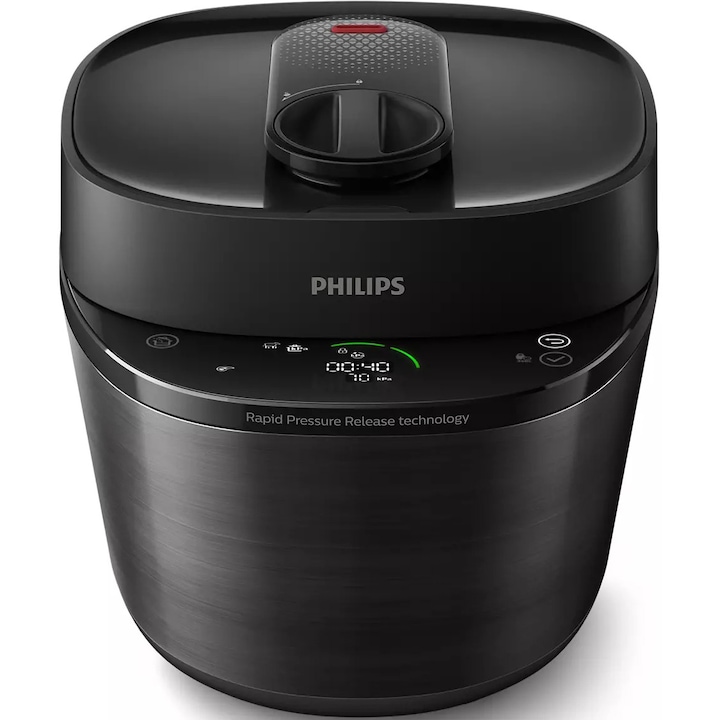 Reducere  RESIGILAT: MultiCooker Philips HD2151/40 All-in-One cu gatire sub presiune , 1000W, capacitate 5l, 35 programe pre setate, gatire rapida, eliberarea presiunii, personalizarea etapelor de gatit, app HomeID, Negru