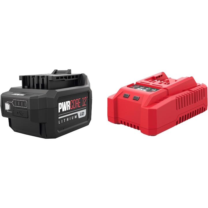 Reducere  RESIGILAT: Set incarcator rapid + acumulator Li-Ion Skil Red BC1E2111AA, 12 V, 4.0 Ah, port de incarcare USB