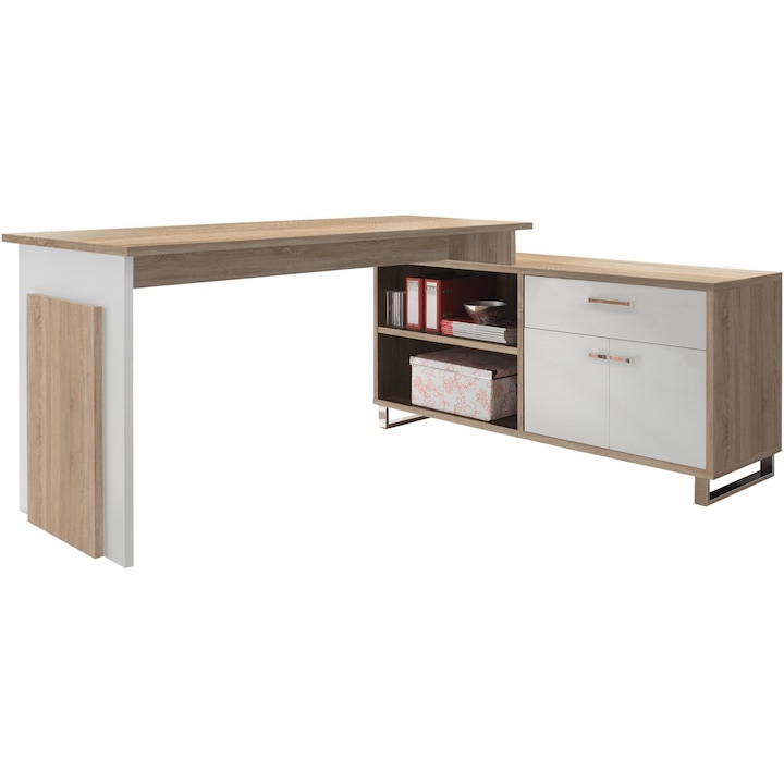 Reducere  RESIGILAT: Birou de colt Manager, birou 140x65x76 cm, dulap 130x60x40 cm, Culoare Sonoma, Alb