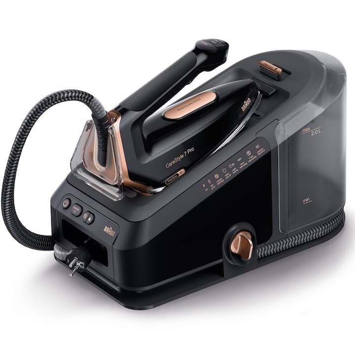 Reducere  RESIGILAT: Statie de calcat Braun CareStyle 7 PRO IS7286BK, 2700W, 8 bari, abur variabil 190g/min, jet de abur 650g/min, rezervor detasabil 2L, tehnologie iMode, tehnologie iCare, tehnologie FreeGlide, talpa EloxalPlus, sistem decalcifiere Ultimate FastClean, mod Pr