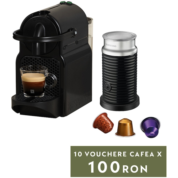 Reducere  RESIGILAT: Pachet espressor Nespresso by De’Longhi Inissia, 1260 W, 19 bari, 0.7 l, Negru + aparat pentru spumare lapte Aeroccino, set capsule degustare inclus