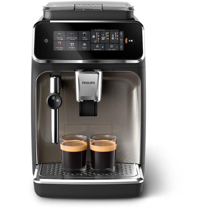 Reducere  RESIGILAT: Espressor automat Philips seria 3300 EP3326/90, sistem clasic de spumare, 5 tipuri de bauturi, ecran tactil intuitiv, tehnologie noua SilentBrew, aplicatie HomeID, negru/auriu