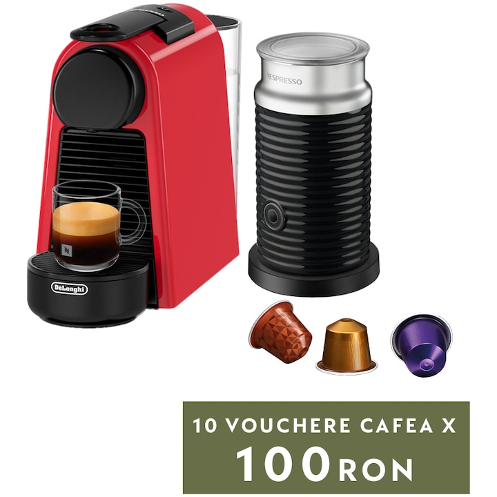 Reducere  RESIGILAT: Pachet Espressor Nespresso by De’Longhi Essenza Mini Red, 19 bari, 1260 W, 0.6 l + aparat pentru spumare lapte AEROCCINO 3 Black 410W, set capsule degustare inclus