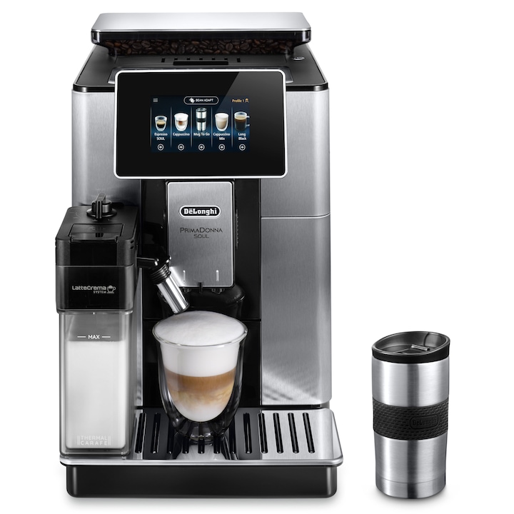 Reducere  RESIGILAT: Espressor automat De’Longhi PrimaDonna SOUL ECAM 610.74.MB,1450W, 21 tipuri de bauturi, 19 bari, Carafa pentru lapte, Sistem LatteCrema, Rasnita cu tehnologie Bean Adapt, Coffee Link App, , Cana calatorie, Negru – Argintiu