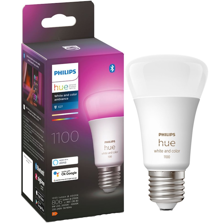 Reducere  RESIGILAT: Bec LED RGB inteligent Philips Hue, Bluetooth, Zigbee, A60, E27, 9W (75W), 806 lm, lumina alba si colorata, clasa energetica F