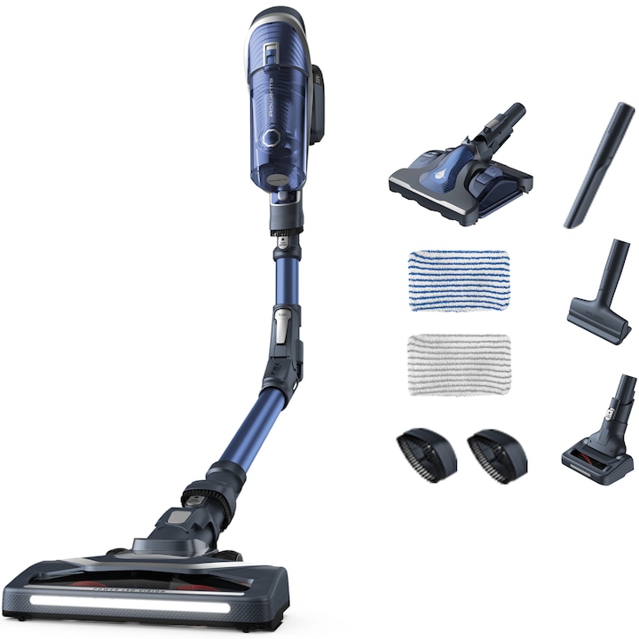 Reducere  RESIGILAT: Aspirator vertical fara fir Rowenta X-Force Flex 8.60 Aqua RH9690WO cu functie de mop, 185W, 22V, autonomie 45 min, filtrare 99.9%, recipient praf 0.55 L, tub flexibil, perie cu iluminare LED, acumulator detasabil, gri & albastru